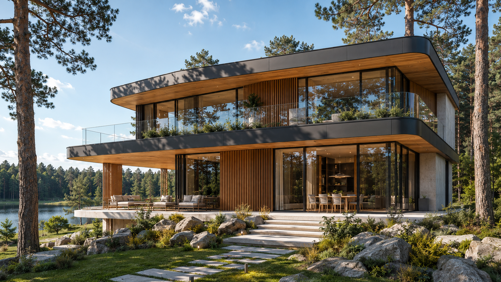 Modern futuristic private residence with sustainable architectural design and smart energy systems